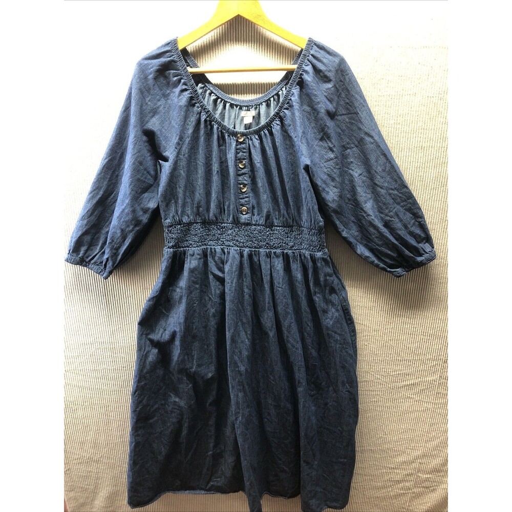 Falls Creek Denim Dress Womens XL Blue Smocked Waist Midi Western Cottagecore